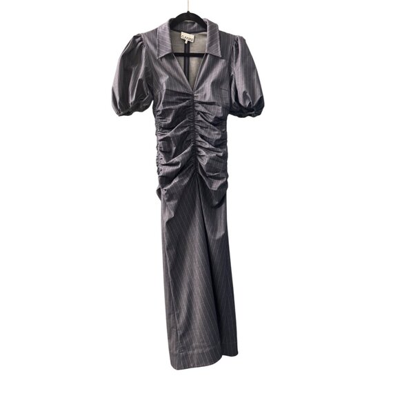 Ganni Navy Pinstripe Midi Dress With Ruched Waist & Puff Sleeves - Picture 1 of 10